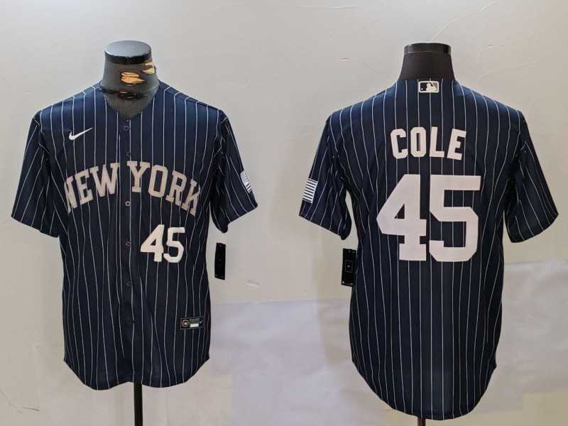 Mens New York Yankees #45 Gerrit Cole Navy Pinstripe Fashion Cool Base Jerseys